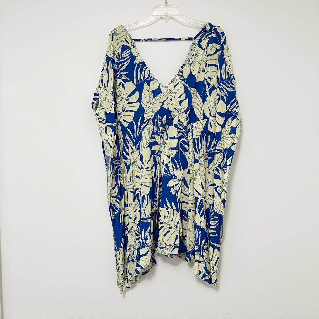 Maaji Blue And Green Tropical Floral V-Neck Tunic Kaftan Swim Cover-Up Beach Lg